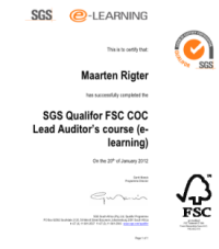 2012-1: FSC Persoonscertificaat, uitgereikt aan Maarten Rigter door SGS op 27 januari 2013.